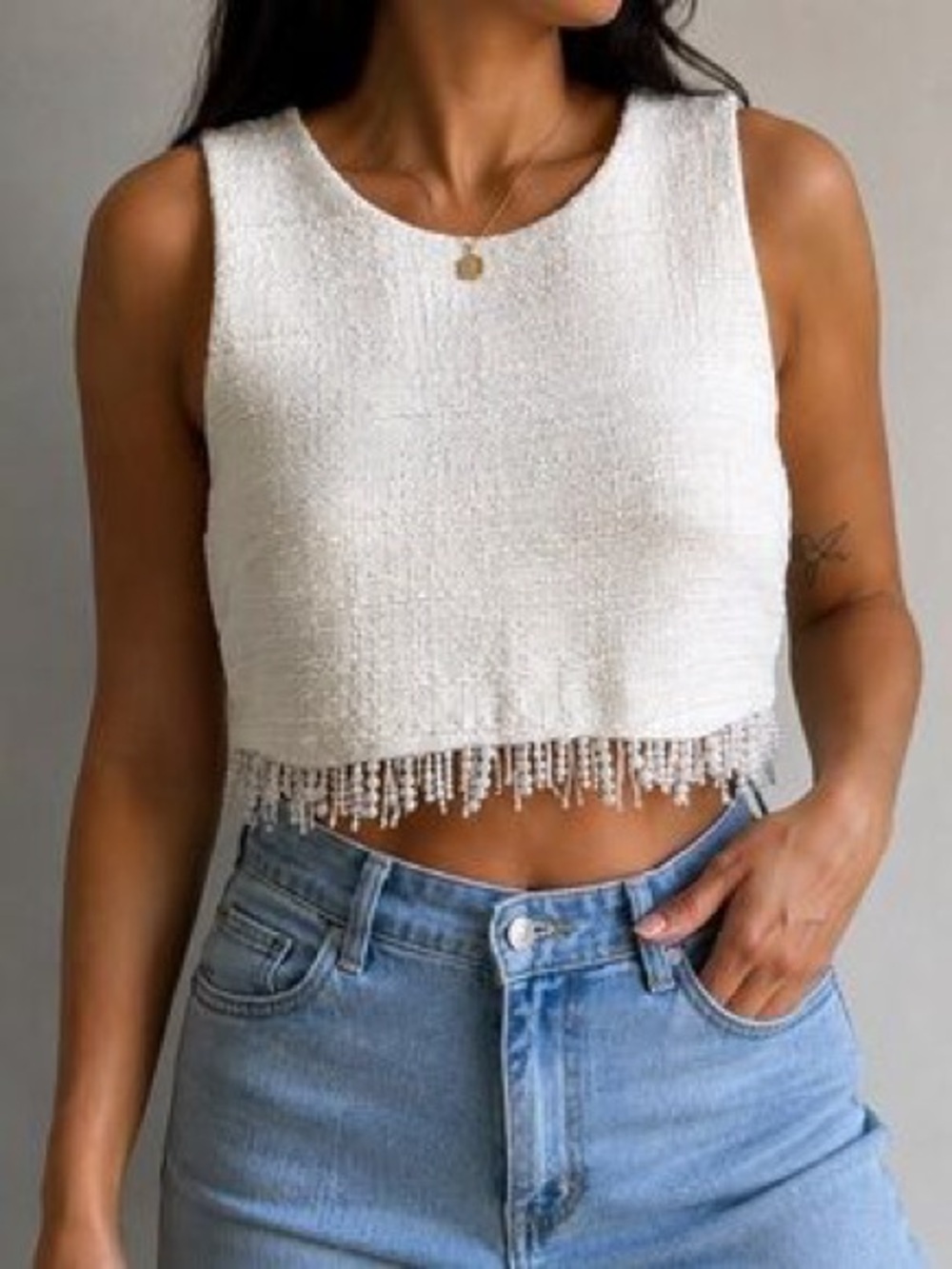 Jason Wu Pearl Fringe Tweed Crop Top NWT